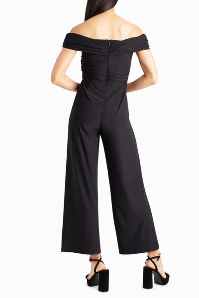 Nicole Miller MU3S14106 Black Off-the-Shoulder Ruched Bodice Wide Leg Jumpsuit
