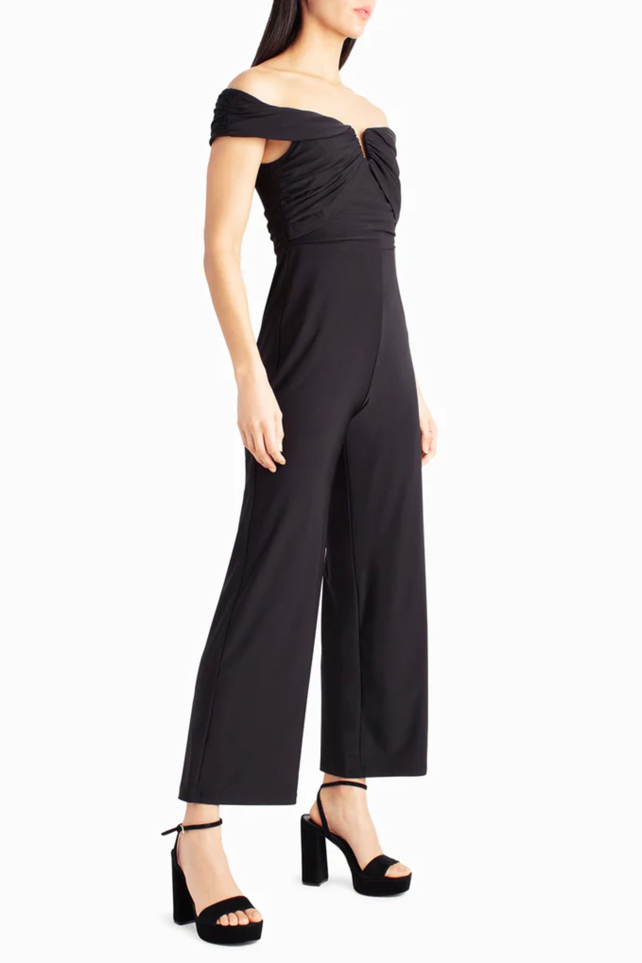 Nicole Miller MU3S14106 Black Off-the-Shoulder Ruched Bodice Wide Leg Jumpsuit