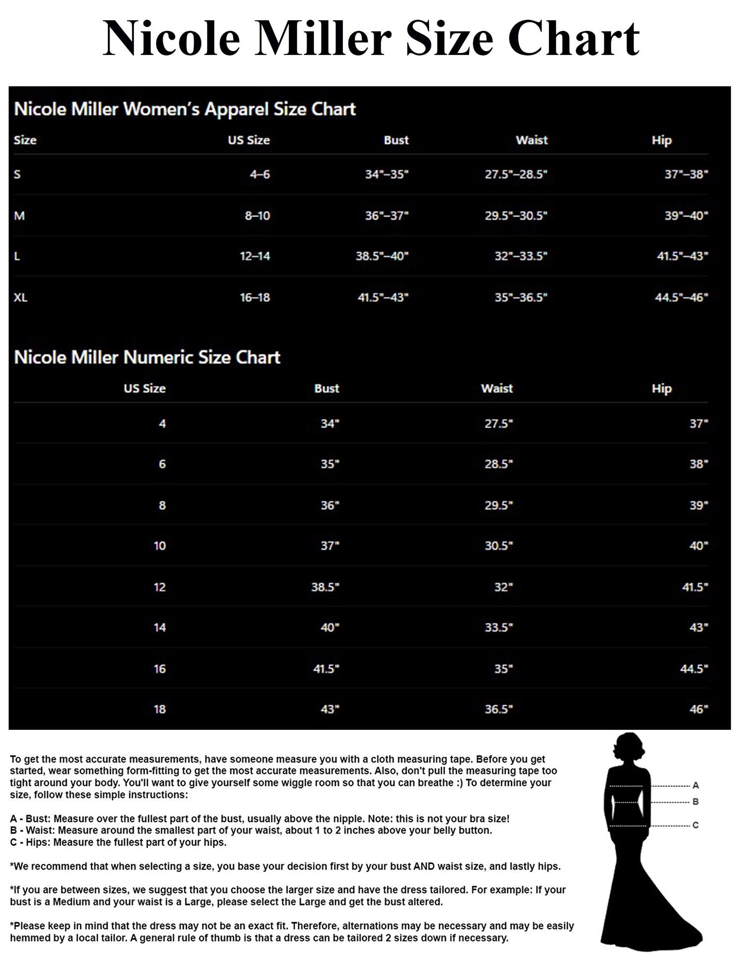 Nicole Miller Size Chart