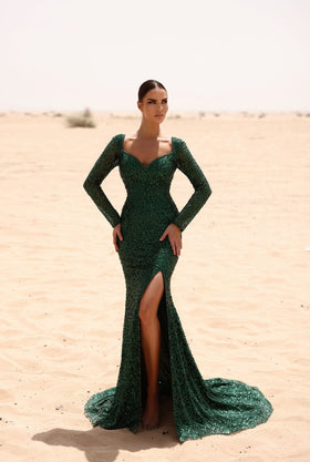Chic and Holland EW990004 Sweetheart Long Sleeve Prom Gown with Slit