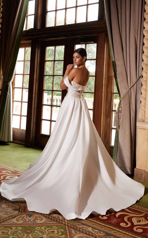 Nox Anabel JE1016 Off the Shoulder Satin A-Line Long Wedding Dress with Slit