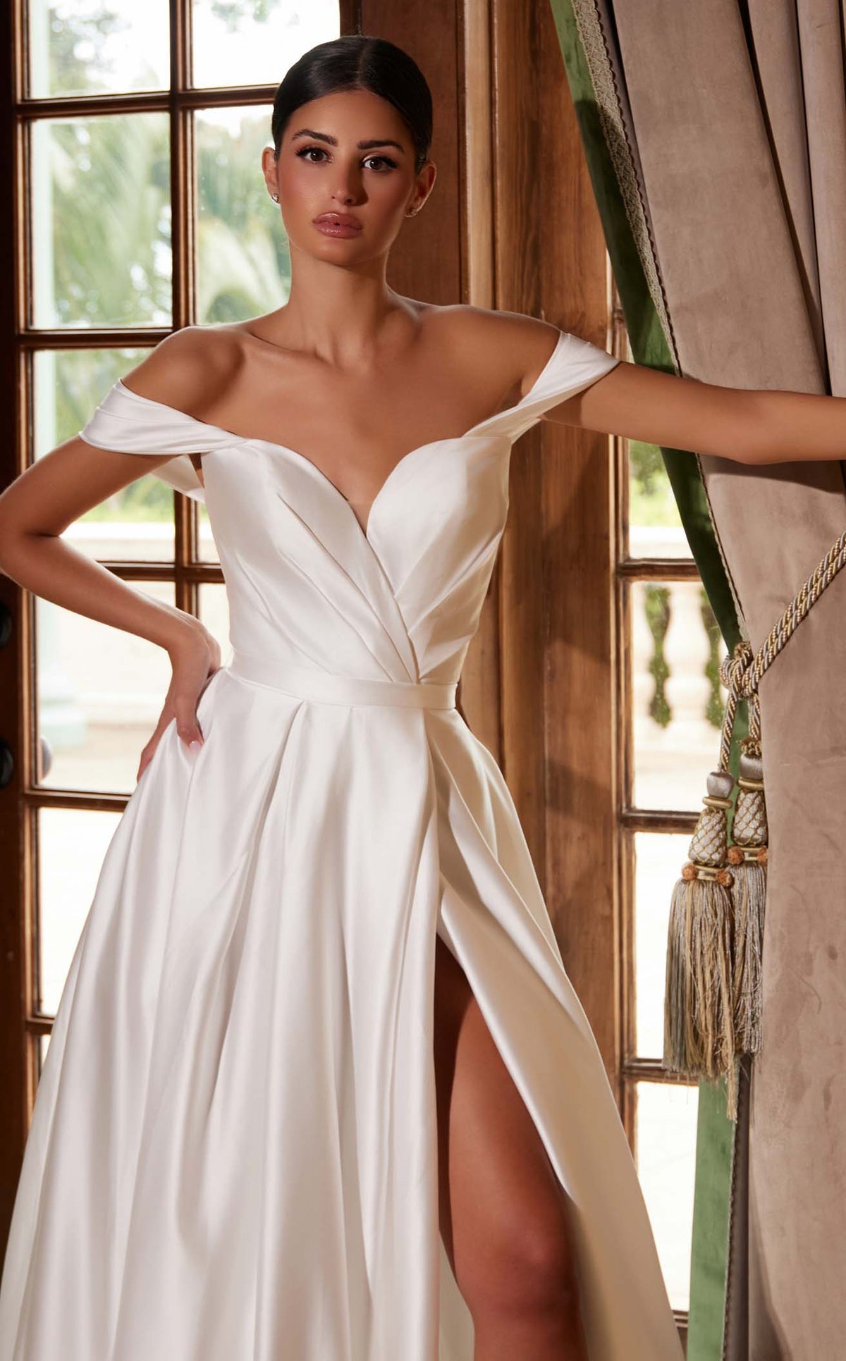 Nox Anabel JE1016 Off the Shoulder Satin A-Line Long Wedding Dress with Slit