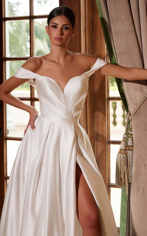 Nox Anabel JE1016 Off the Shoulder Satin A-Line Long Wedding Dress with Slit