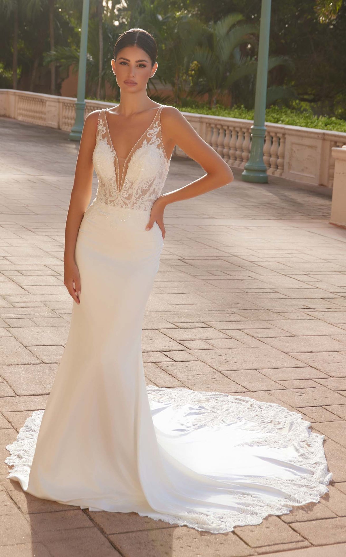 Nox Anabel JE1022L V-Neck Lace Column Long Corset Wedding Dress with Train