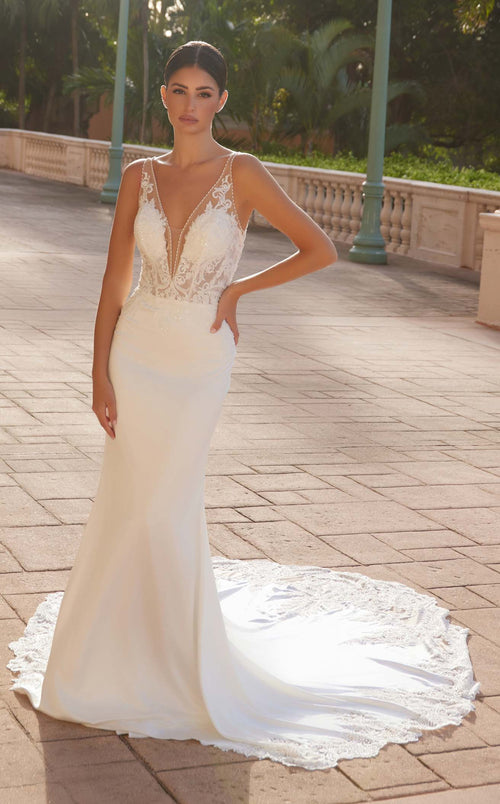 Nox Anabel JE1022L V-Neck Lace Column Long Corset Wedding Dress with Train