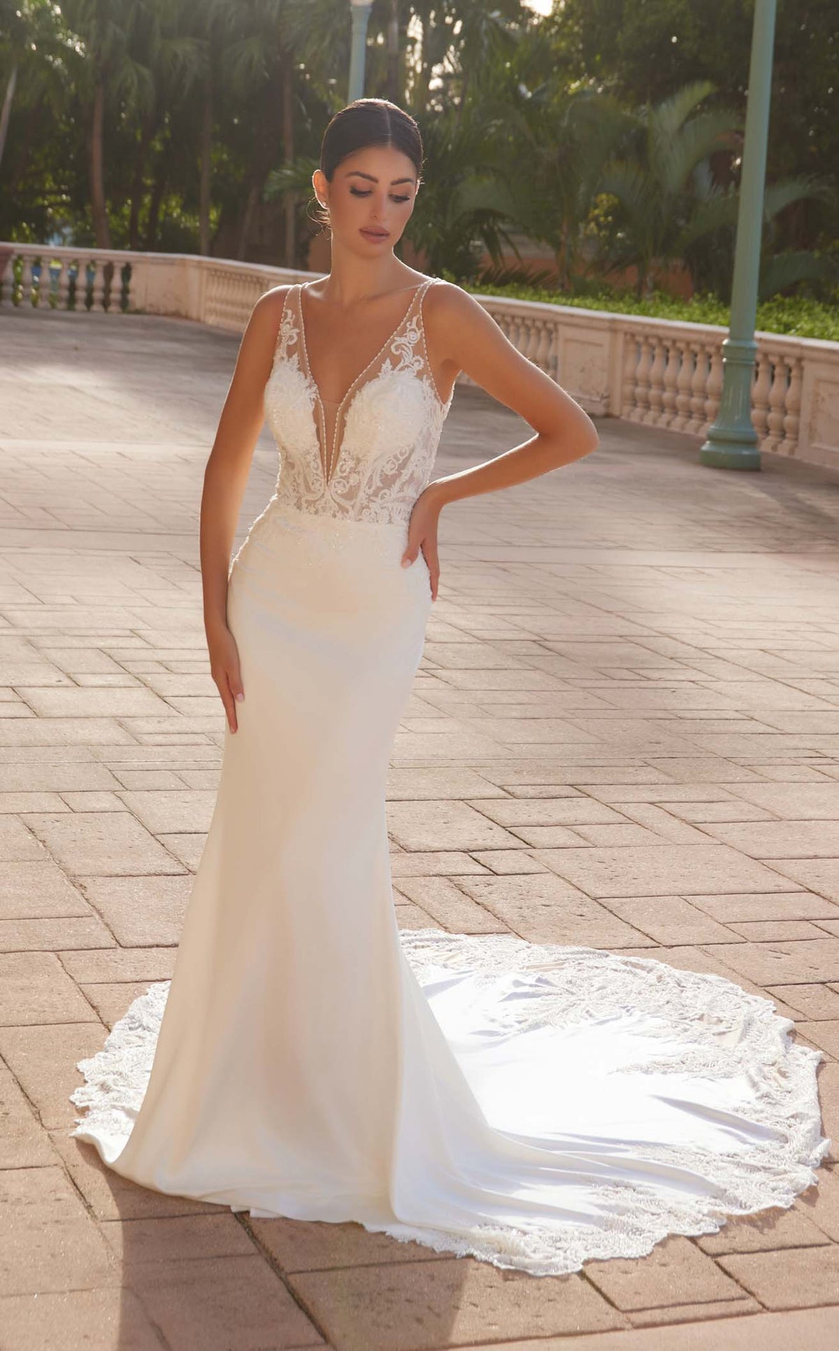 Nox Anabel JE1022L V-Neck Lace Column Long Corset Wedding Dress with Train
