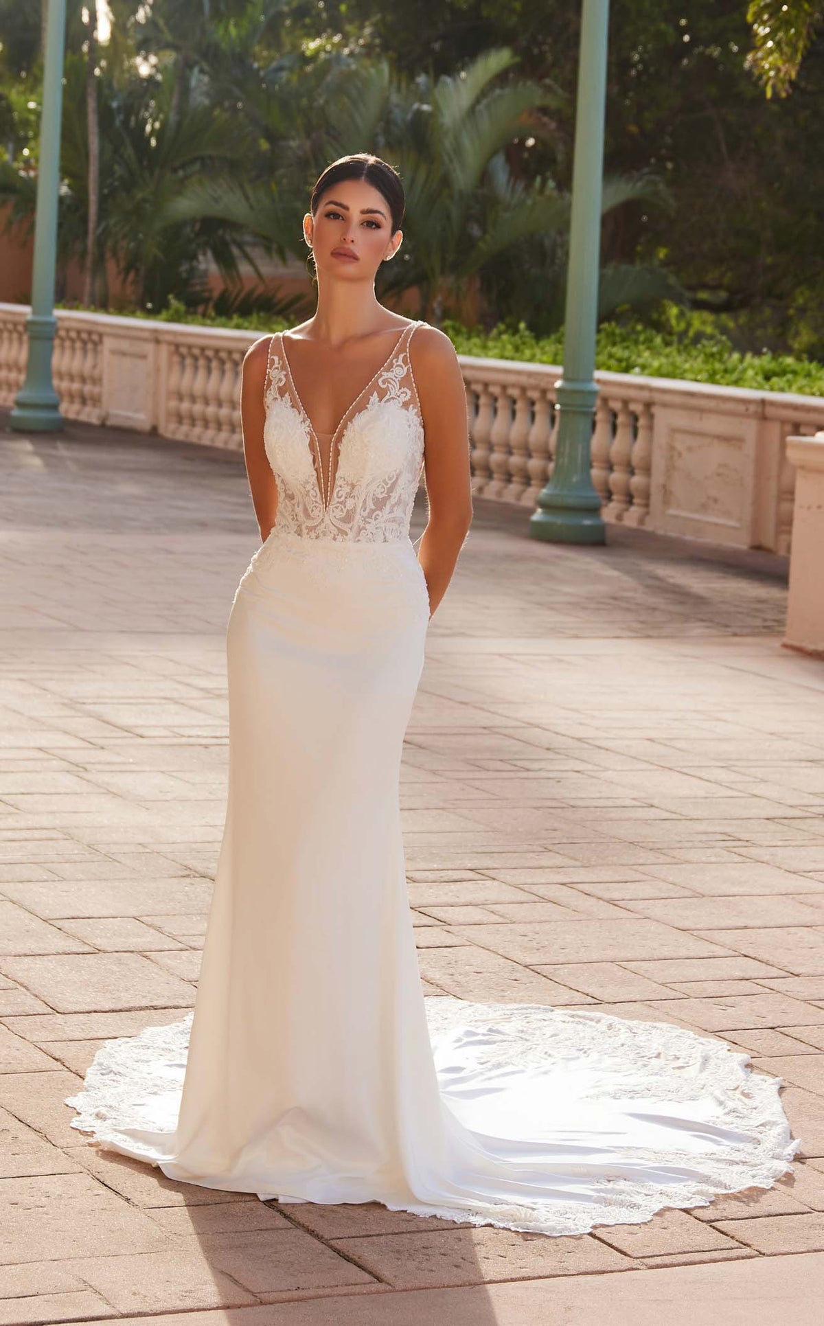 Nox Anabel JE1022L V-Neck Lace Column Long Corset Wedding Dress with Train