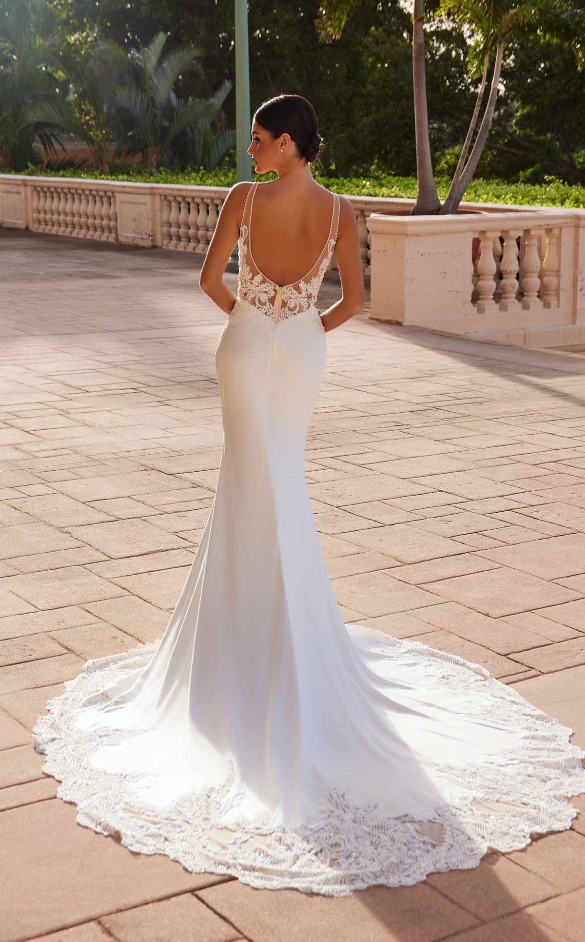 Nox Anabel JE1022L V-Neck Lace Column Long Corset Wedding Dress with Train