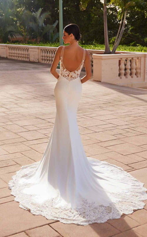 Nox Anabel JE1022L V-Neck Lace Column Long Corset Wedding Dress with Train