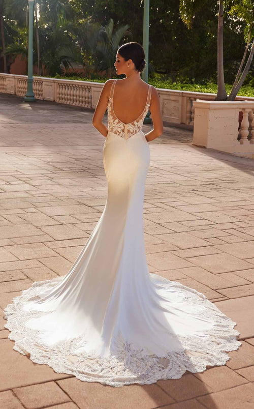Nox Anabel JE1022L V-Neck Lace Column Long Corset Wedding Dress with Train