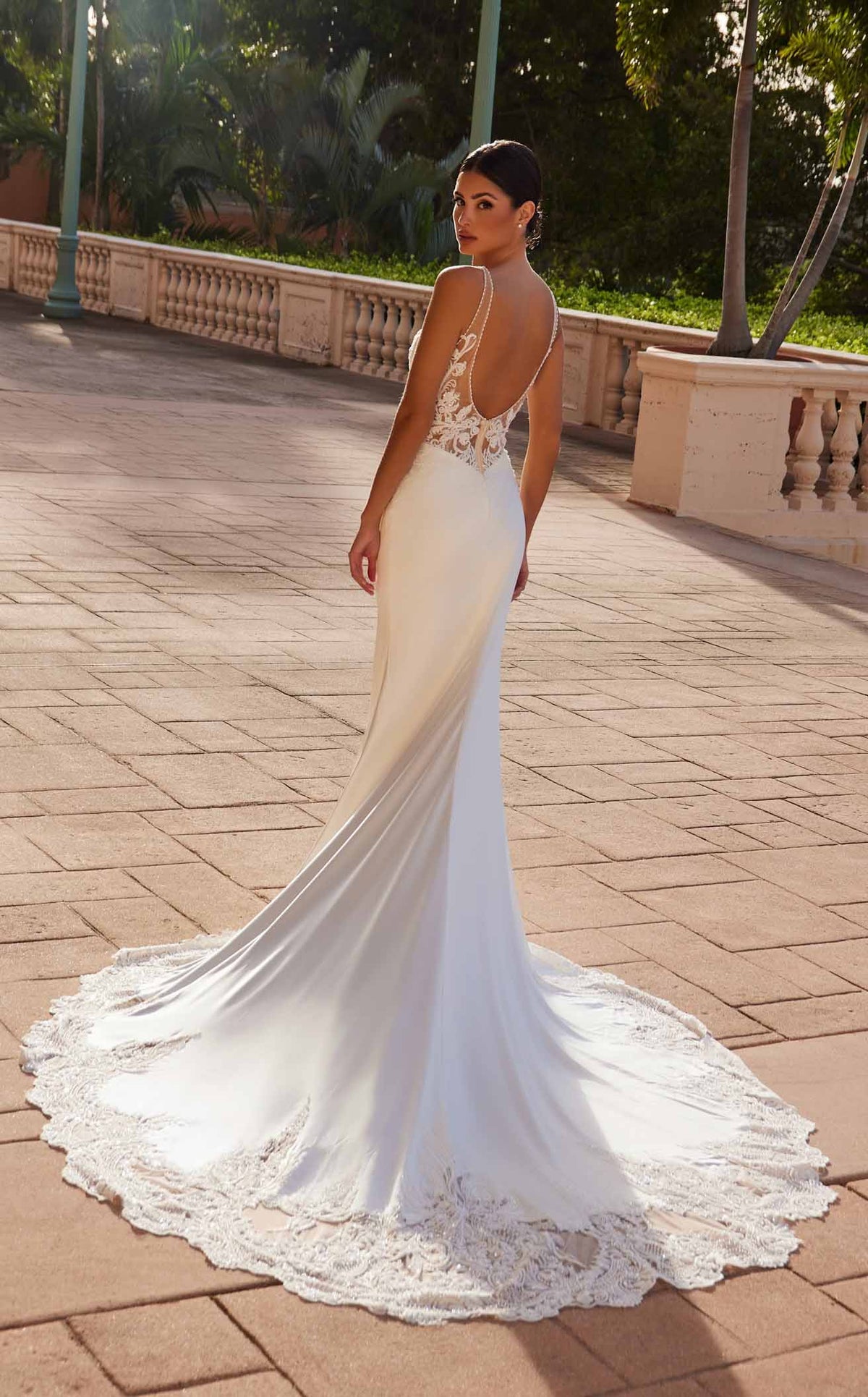 Nox Anabel JE1022L V-Neck Lace Column Long Corset Wedding Dress with Train