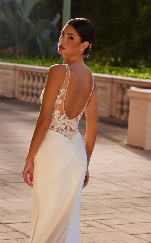 Nox Anabel JE1022L V-Neck Lace Column Long Corset Wedding Dress with Train