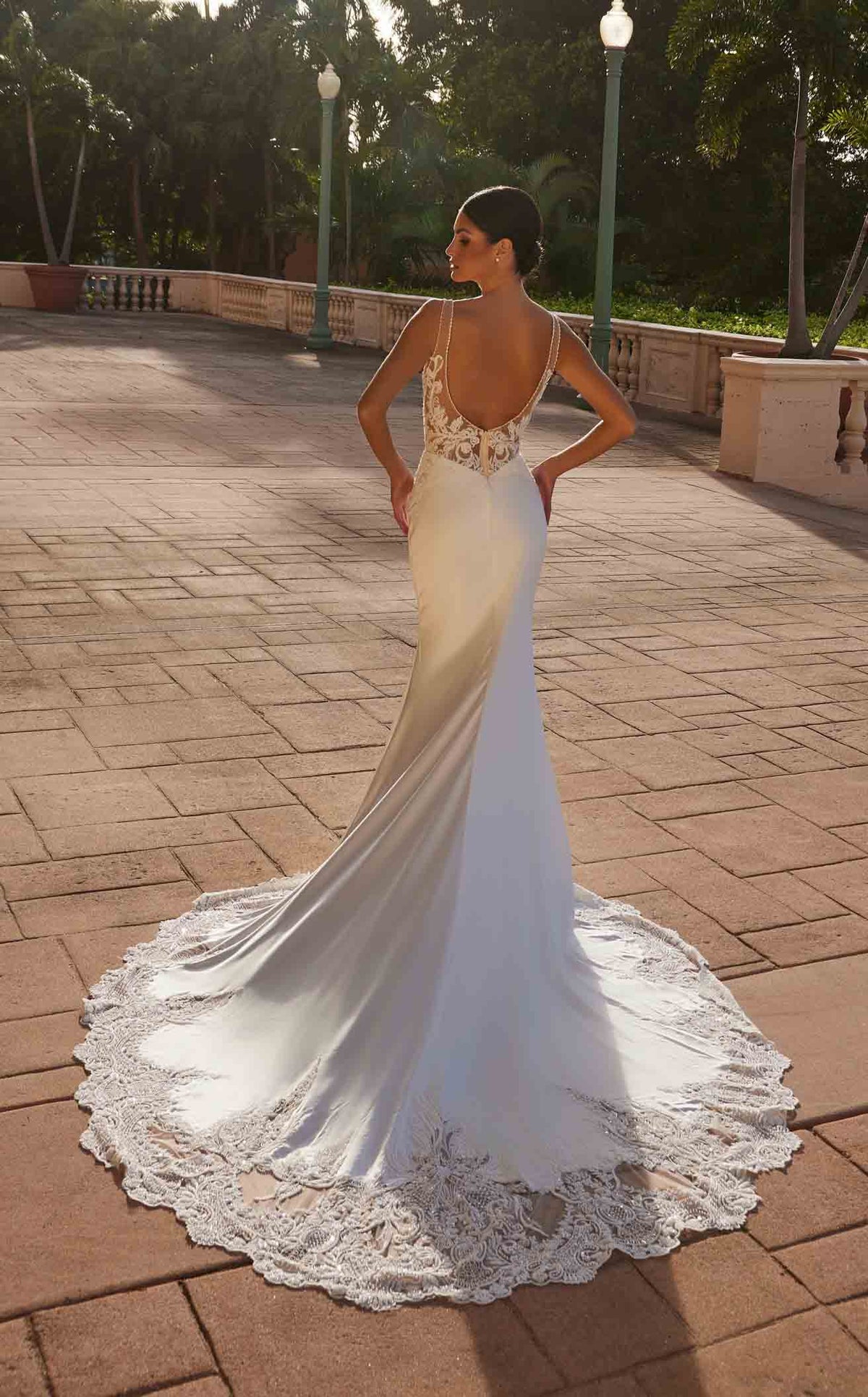 Nox Anabel JE1022L V-Neck Lace Column Long Corset Wedding Dress with Train