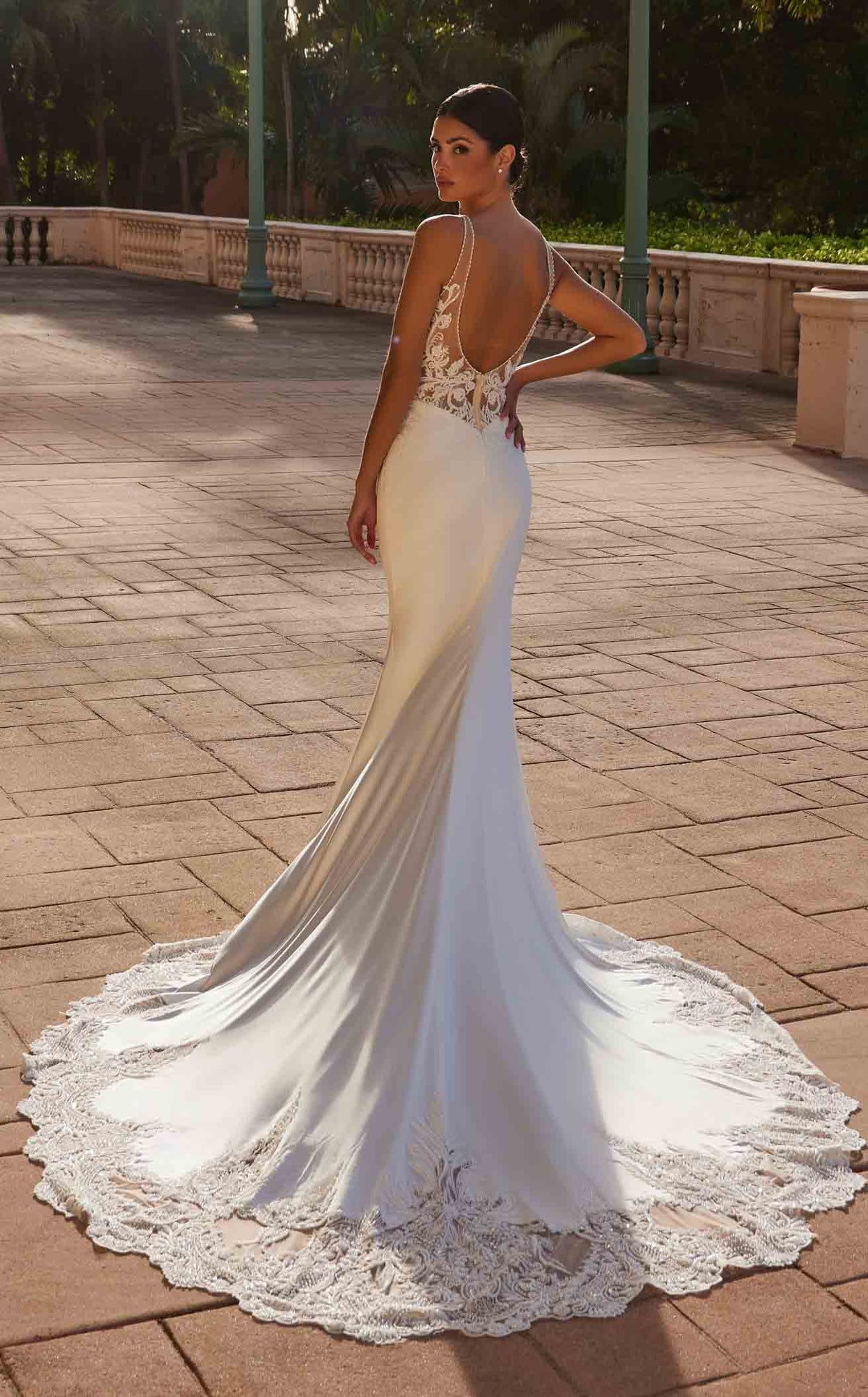 Nox Anabel JE1022L V-Neck Lace Column Long Corset Wedding Dress with Train