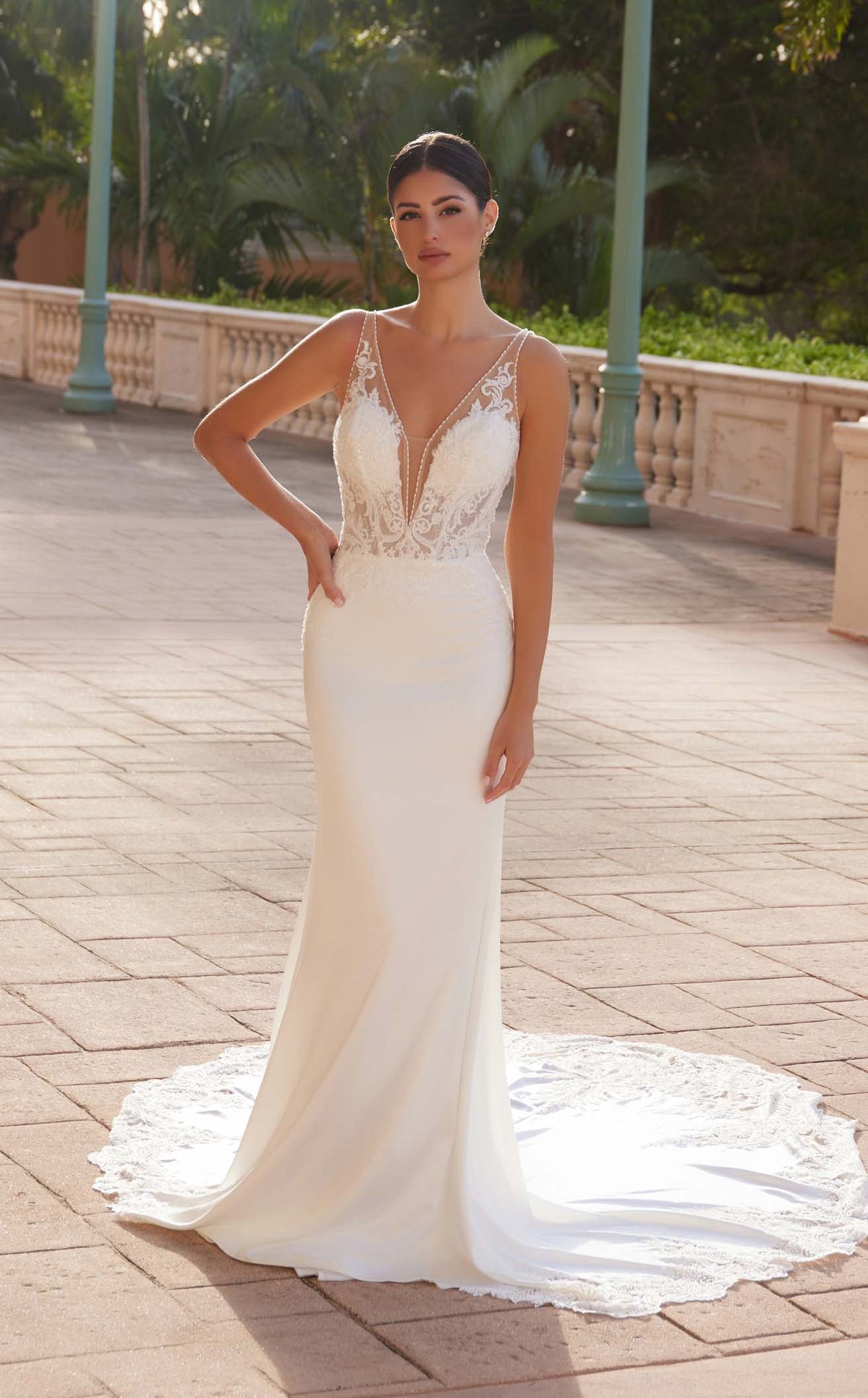 Nox Anabel JE1022L V-Neck Lace Column Long Corset Wedding Dress with Train