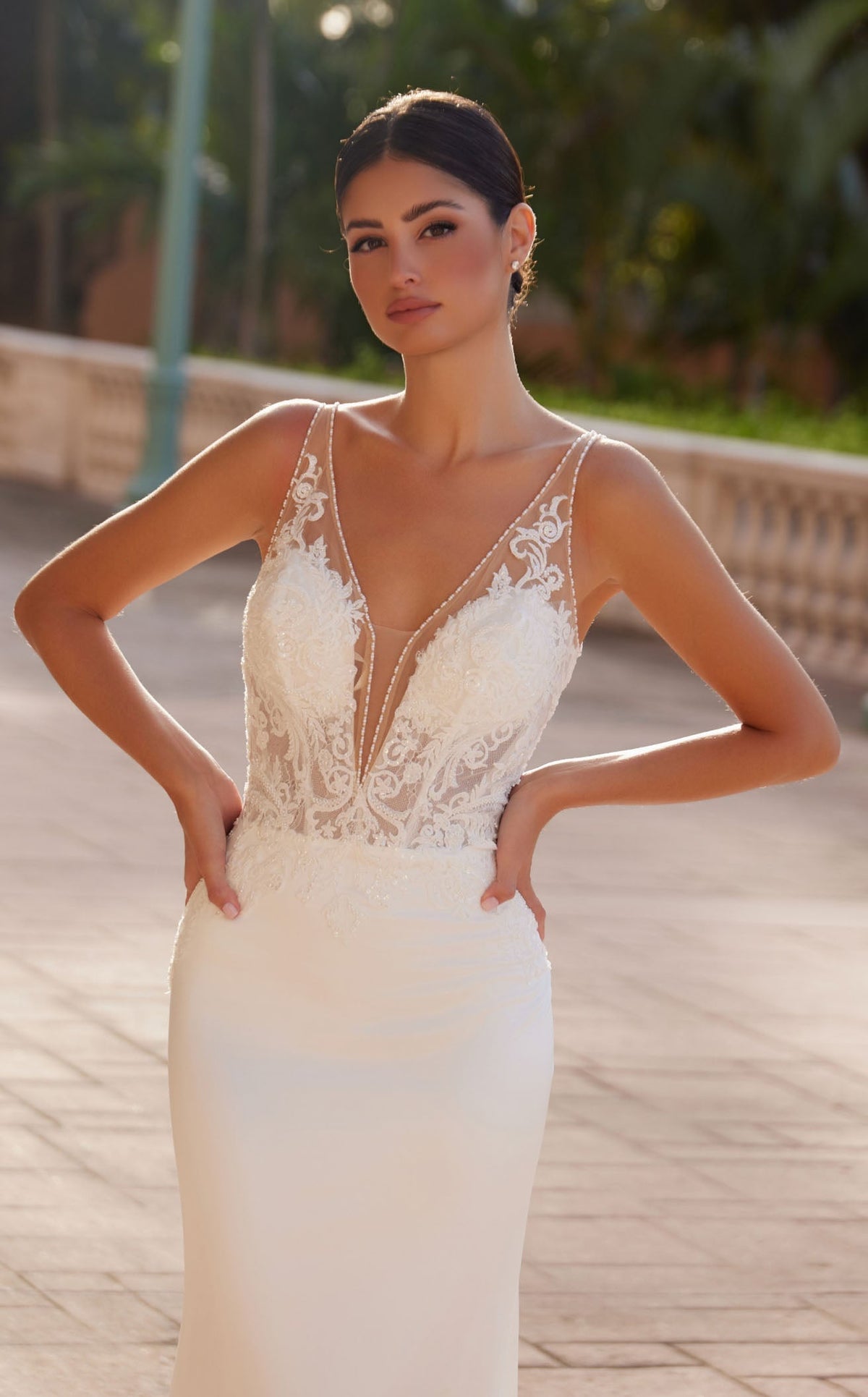 Nox Anabel JE1022L V-Neck Lace Column Long Corset Wedding Dress with Train