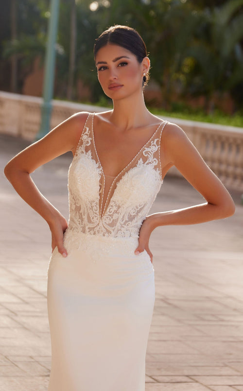 Nox Anabel JE1022L V-Neck Lace Column Long Corset Wedding Dress with Train