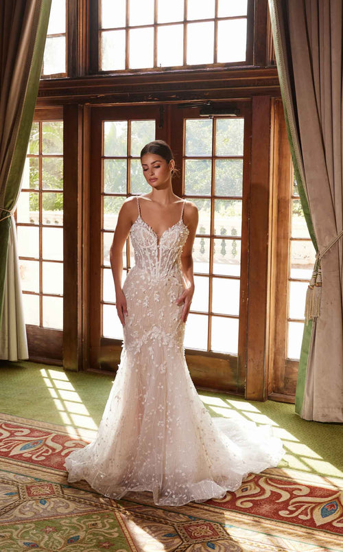Nox Anabel JE1023L V-Neck Floral Applique Mermaid Long Wedding Dress with Train