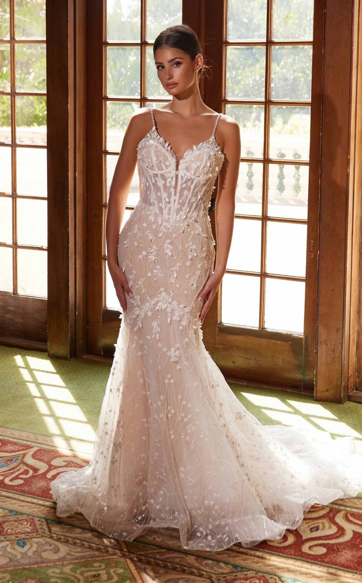 Nox Anabel JE1023L V-Neck Floral Applique Mermaid Long Wedding Dress with Train