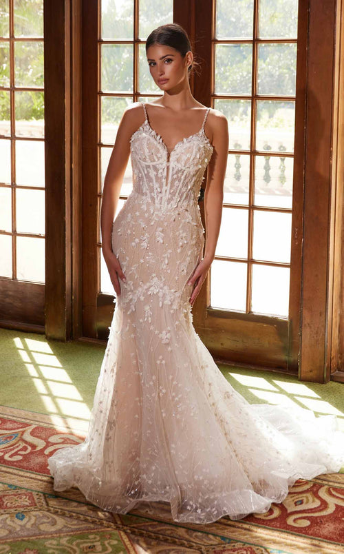 Nox Anabel JE1023L V-Neck Floral Applique Mermaid Long Wedding Dress with Train