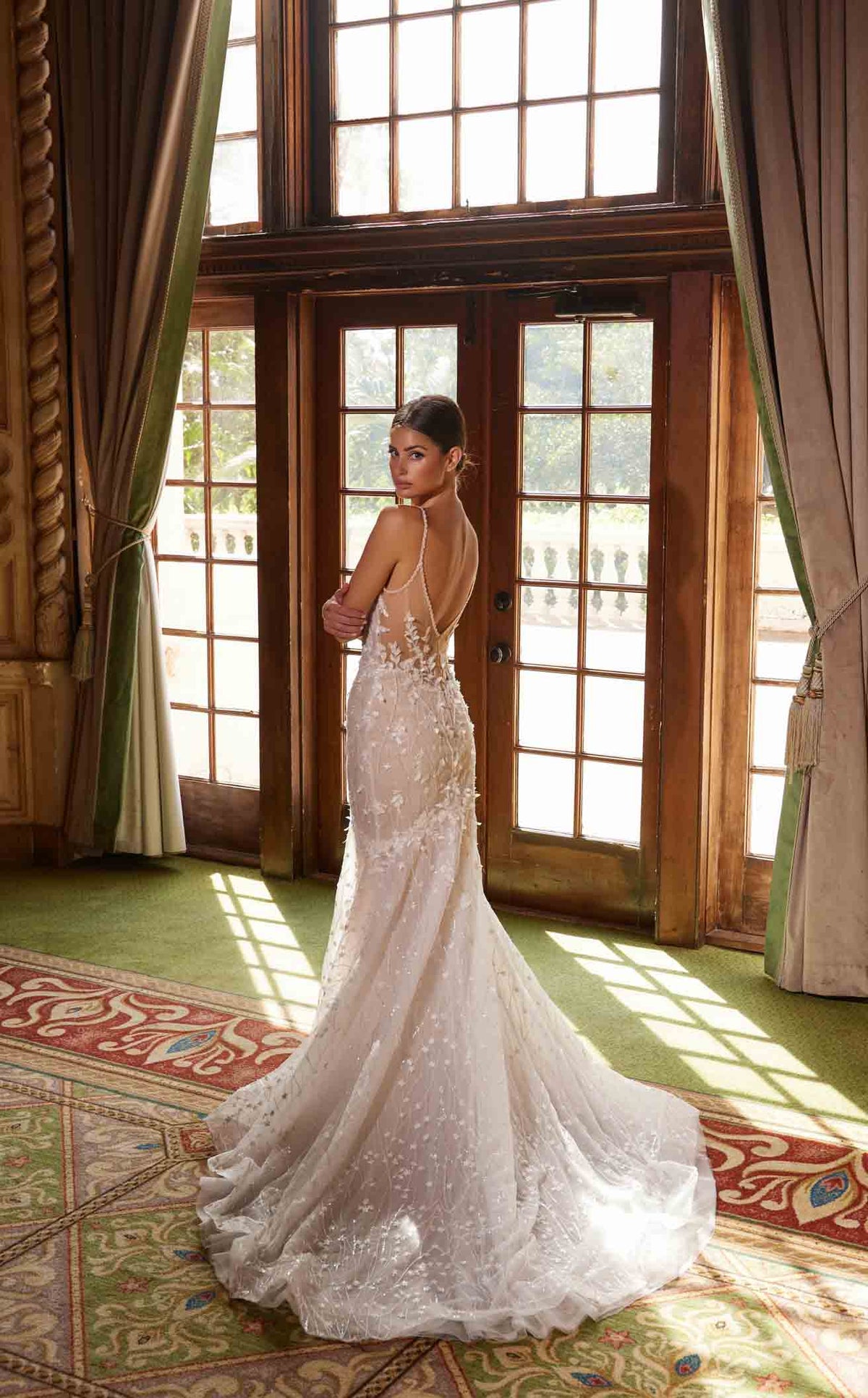 Nox Anabel JE1023L V-Neck Floral Applique Mermaid Long Wedding Dress with Train