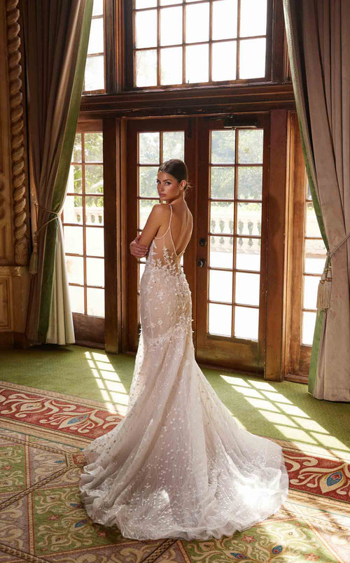 Nox Anabel JE1023L V-Neck Floral Applique Mermaid Long Wedding Dress with Train