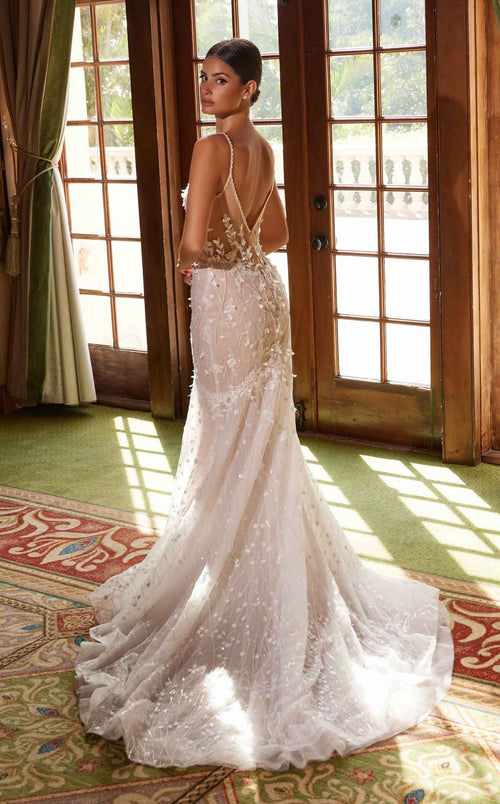 Nox Anabel JE1023L V-Neck Floral Applique Mermaid Long Wedding Dress with Train