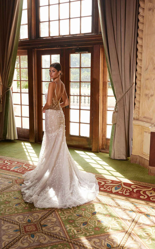 Nox Anabel JE1023L V-Neck Floral Applique Mermaid Long Wedding Dress with Train