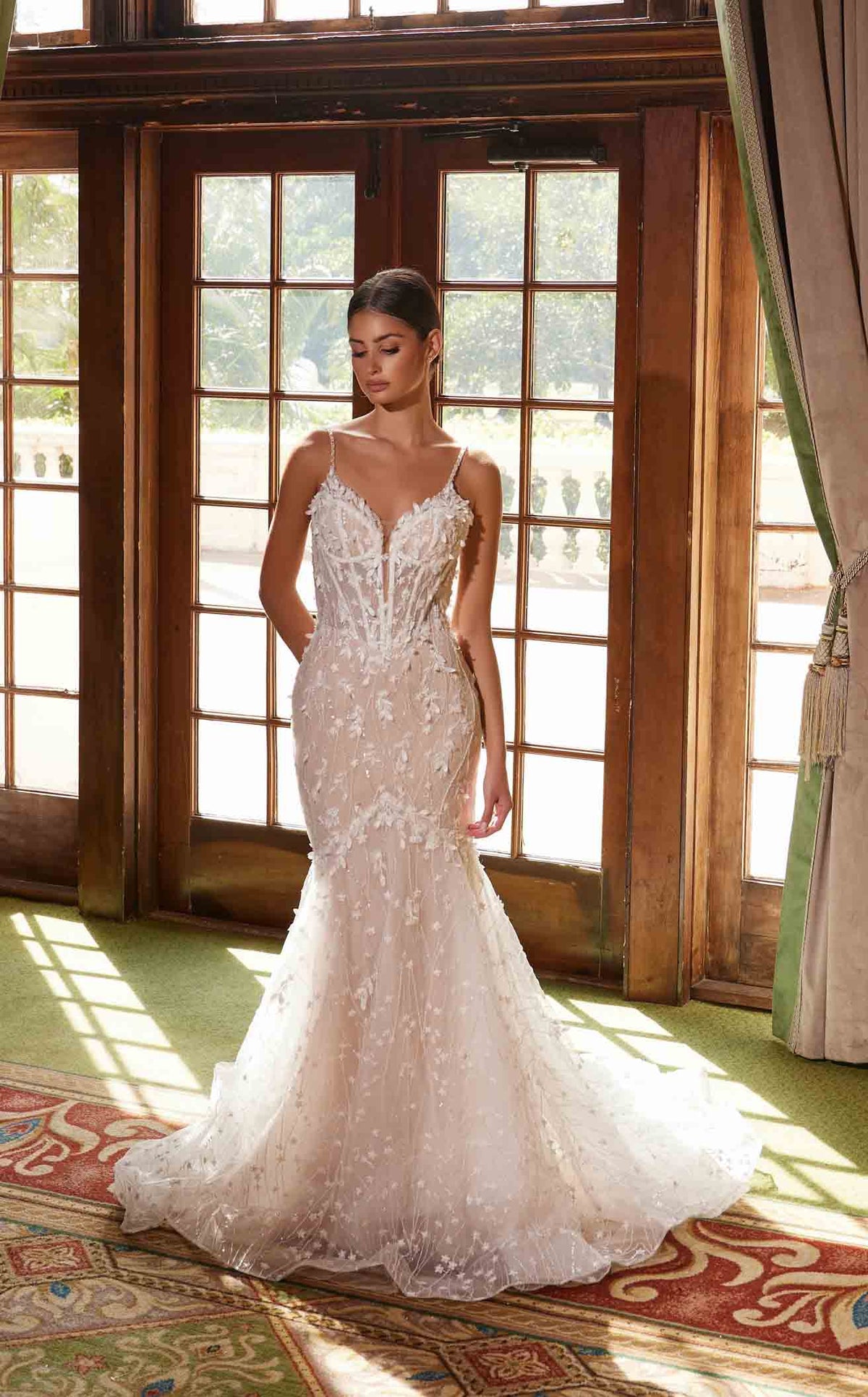 Nox Anabel JE1023L V-Neck Floral Applique Mermaid Long Wedding Dress with Train