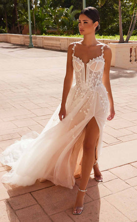 Nox Anabel JE1026L V-Neck Applique A-Line Long Corset Wedding Dress