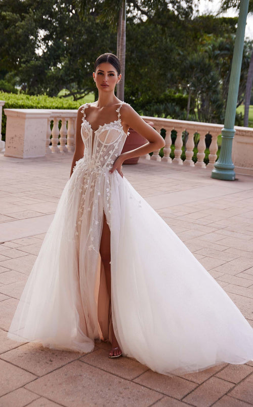 Nox Anabel JE1026L V-Neck Applique A-Line Long Corset Wedding Dress