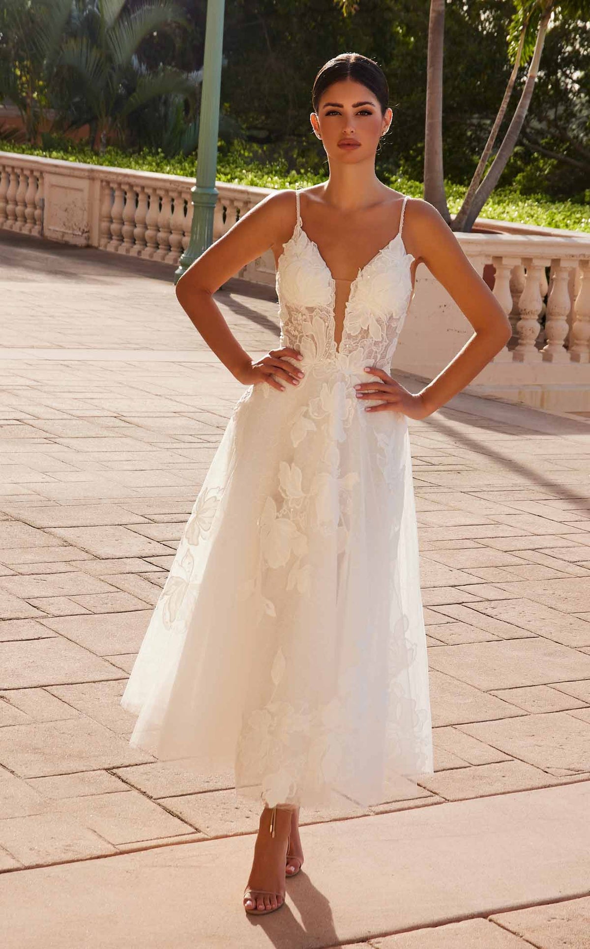 Nox Anabel JE1027 V-Neck Floral Applique A-Line Long Evening Gown