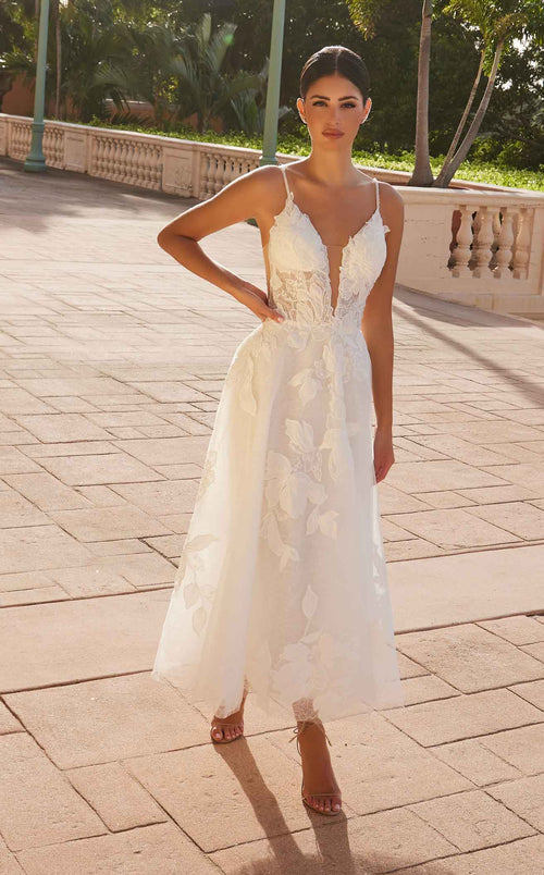 Nox Anabel JE1027 V-Neck Floral Applique A-Line Long Evening Gown