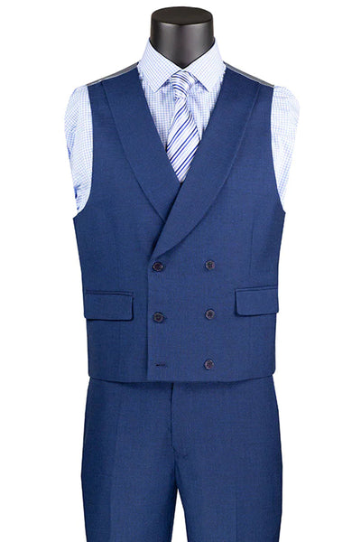Men's Navy Blue Sharkskin Suit with Double Breasted Vest