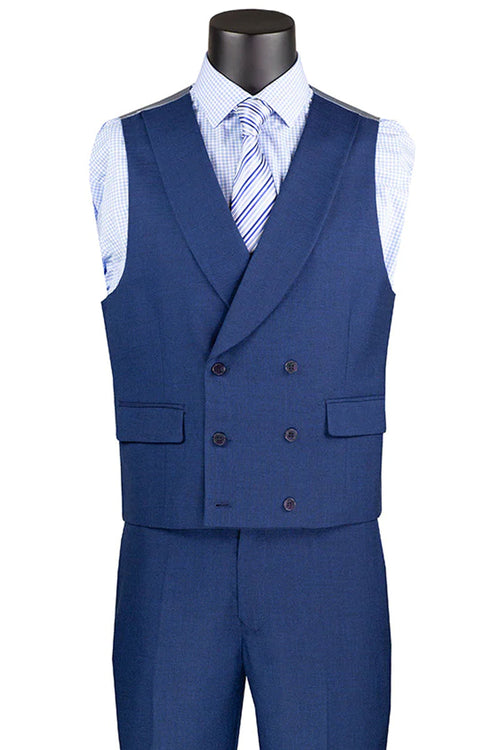 Traje de verano de piel de tiburón para hombre con chaleco cruzado en azul marino