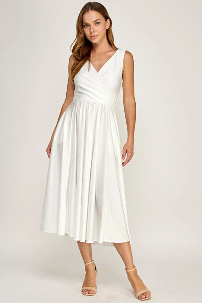 Sleeveless V-Neck Pleated Bodice A-Line Midi-Length Cocktail Dress by Perrty 3131