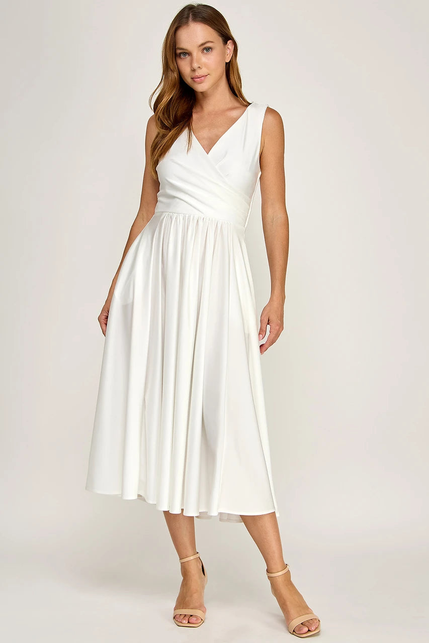Sleeveless V-Neck Pleated Bodice A-Line Midi-Length Cocktail Dress by Perrty 3131