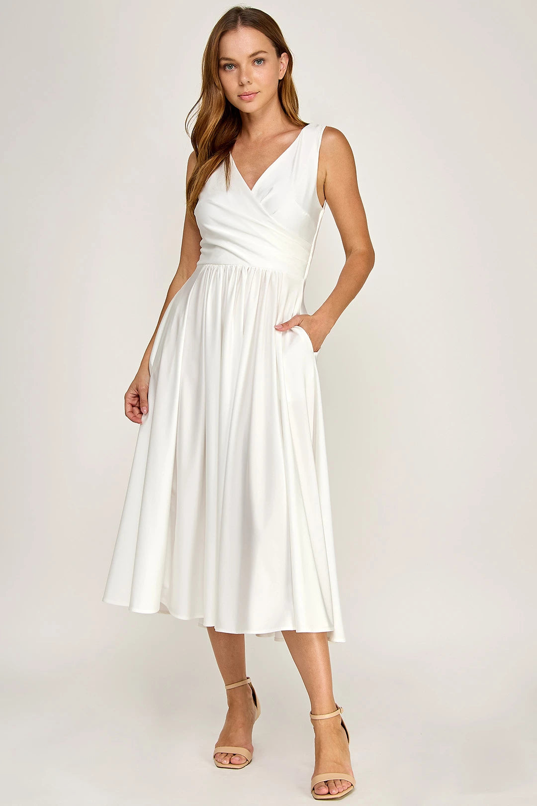 Sleeveless V-Neck Pleated Bodice A-Line Midi-Length Cocktail Dress by Perrty 3131