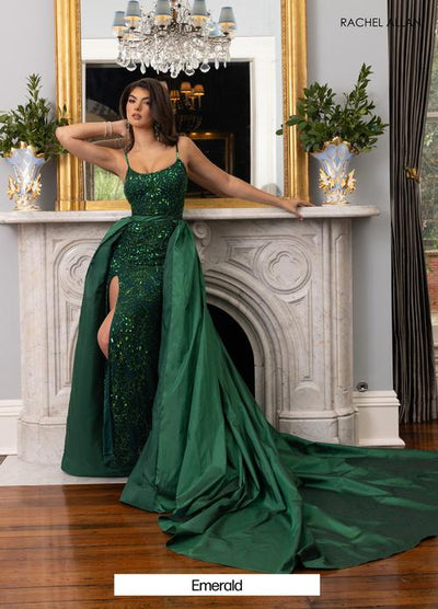 Beaded Sequin Sheath Prom Formal Gown with Taffeta Overskirt by Rachel Allan OVL1000