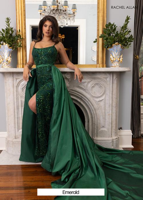 Beaded Sequin Sheath Prom Formal Gown with Taffeta Overskirt by Rachel Allan OVL1000
