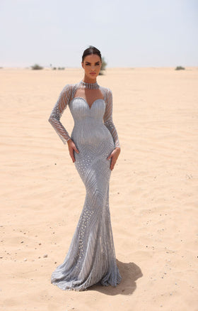 Chic and Holland HF110052 Sweetheart Long Sleeve Beaded Prom Gown