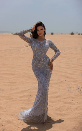 Chic and Holland HF110024 Long Sleeve Beaded Evening Gown