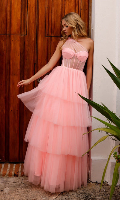 Nox Anabel P1400 Stunning Sheer-Bodice Long Layered Ball Gown