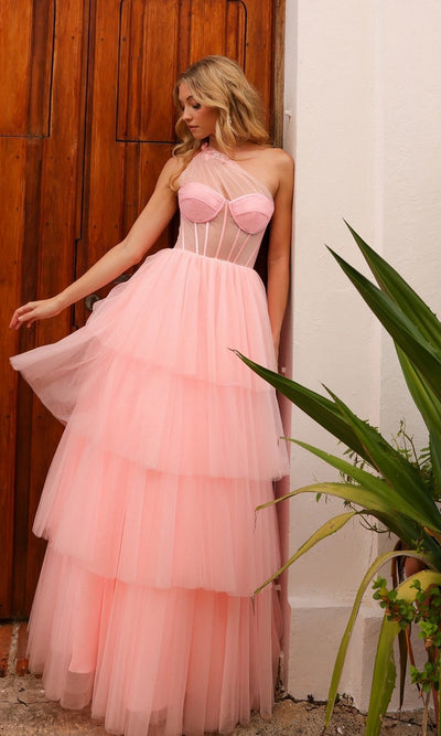 Nox Anabel P1400 Stunning Sheer-Bodice Long Layered Ball Gown