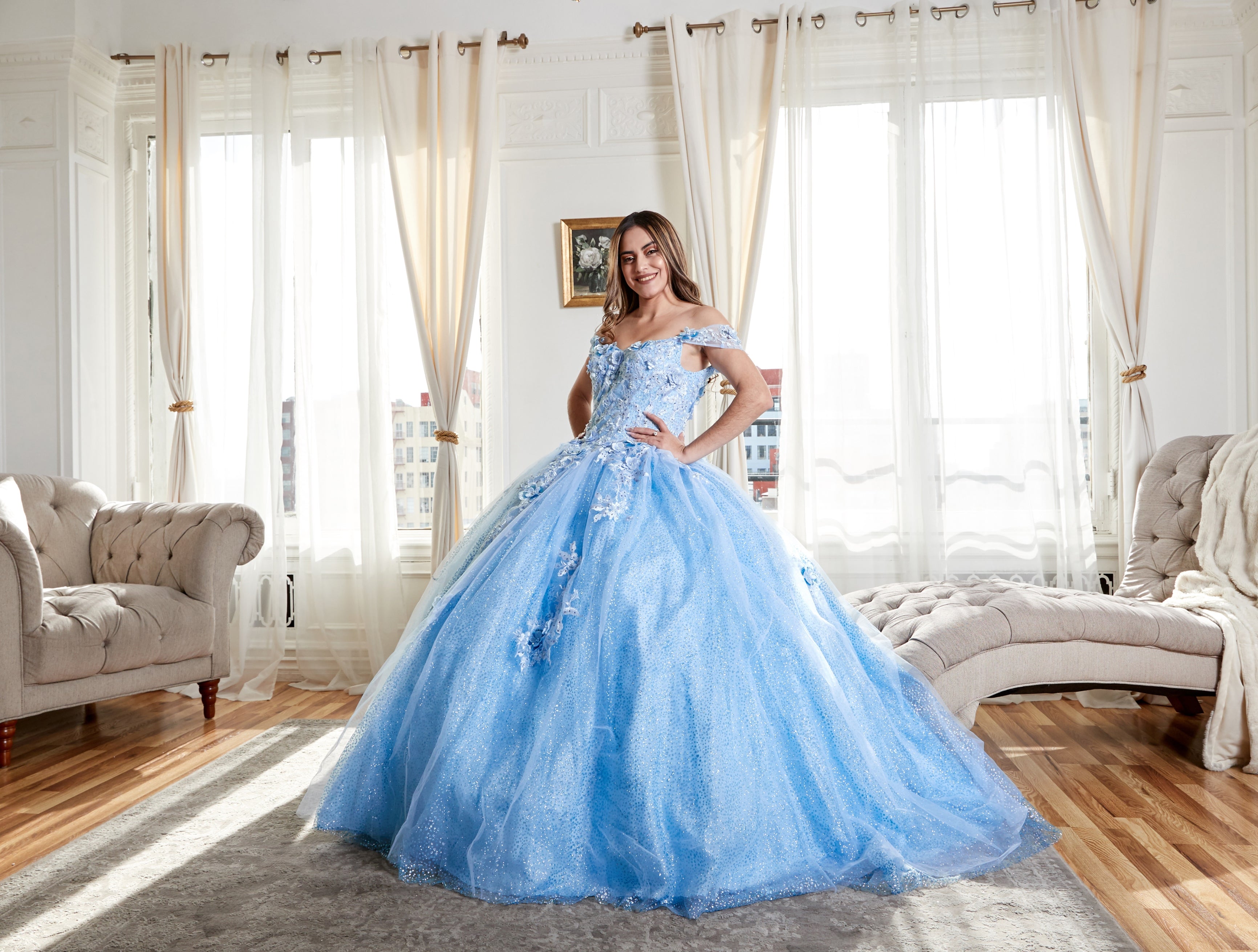 3D Floral Off-Shoulder Glitter Ball Gown by Calla KY73112