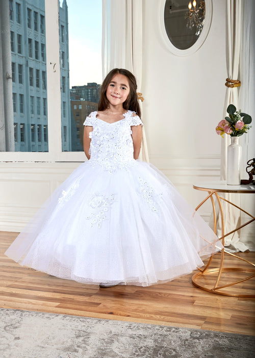 Calla KY234 Girls 3D Floral Off Shoulder Glitter Gown