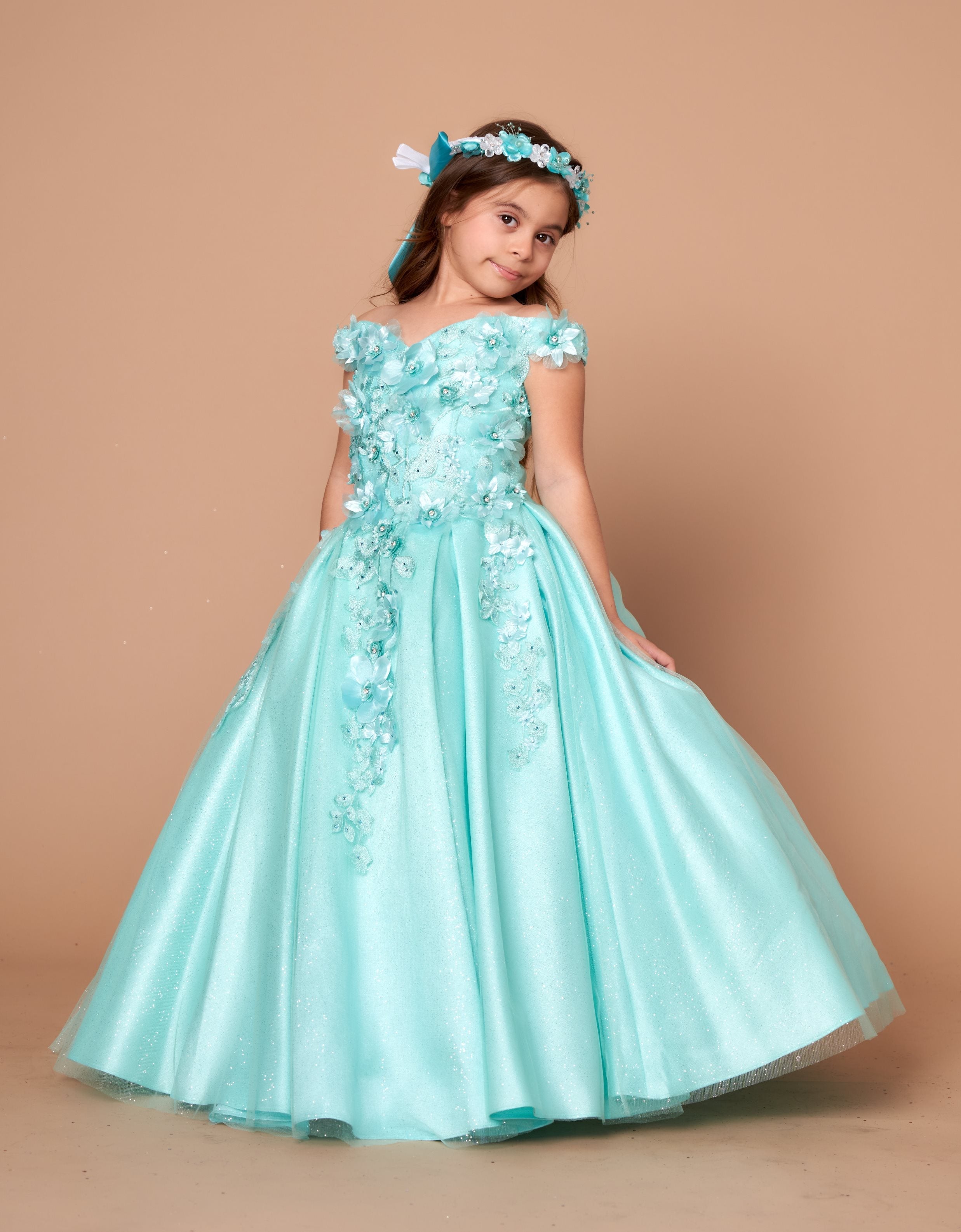 Girls 3D Floral Off-Shoulder Gown by Calla WB101