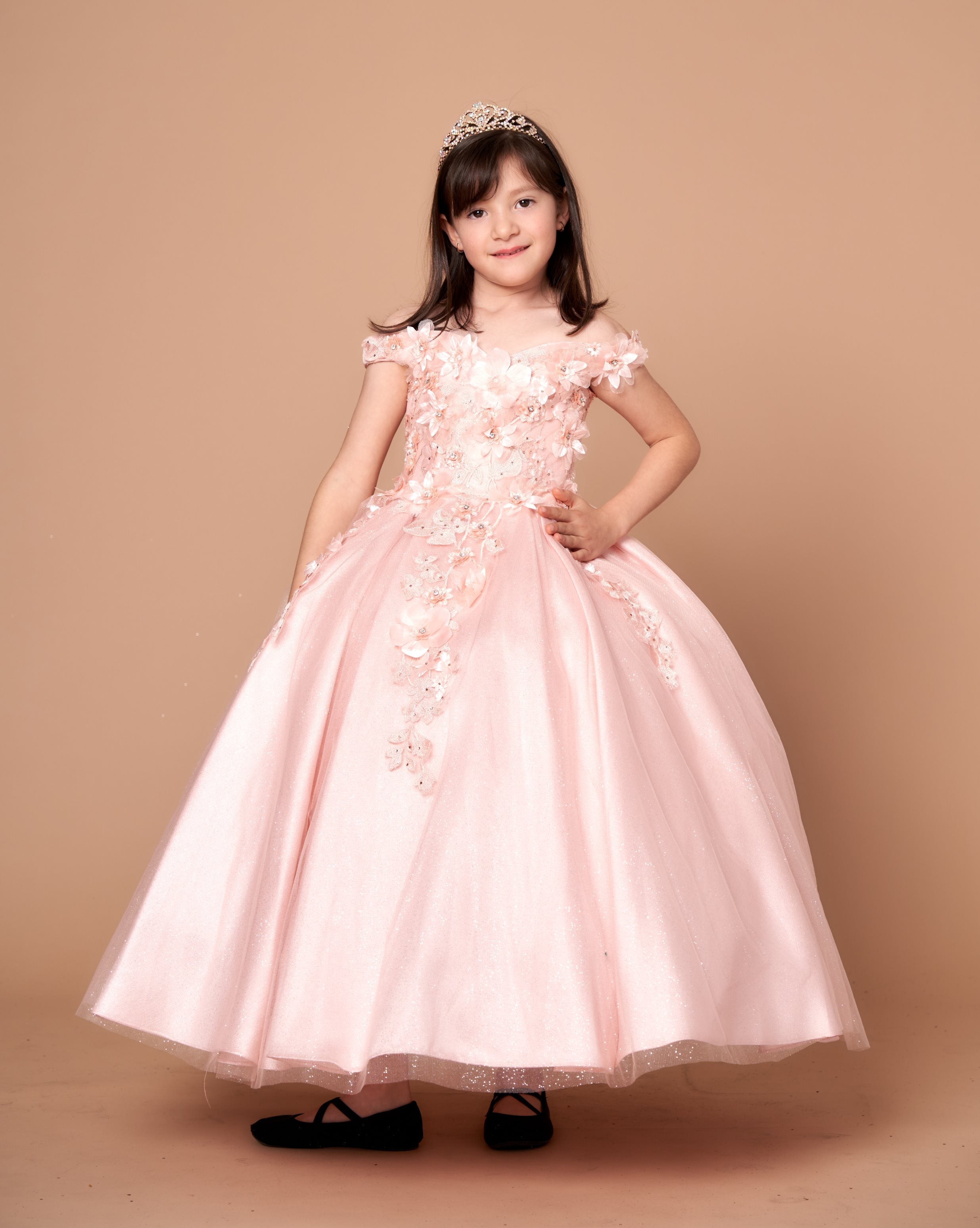 Girls 3D Floral Off-Shoulder Gown by Calla WB101