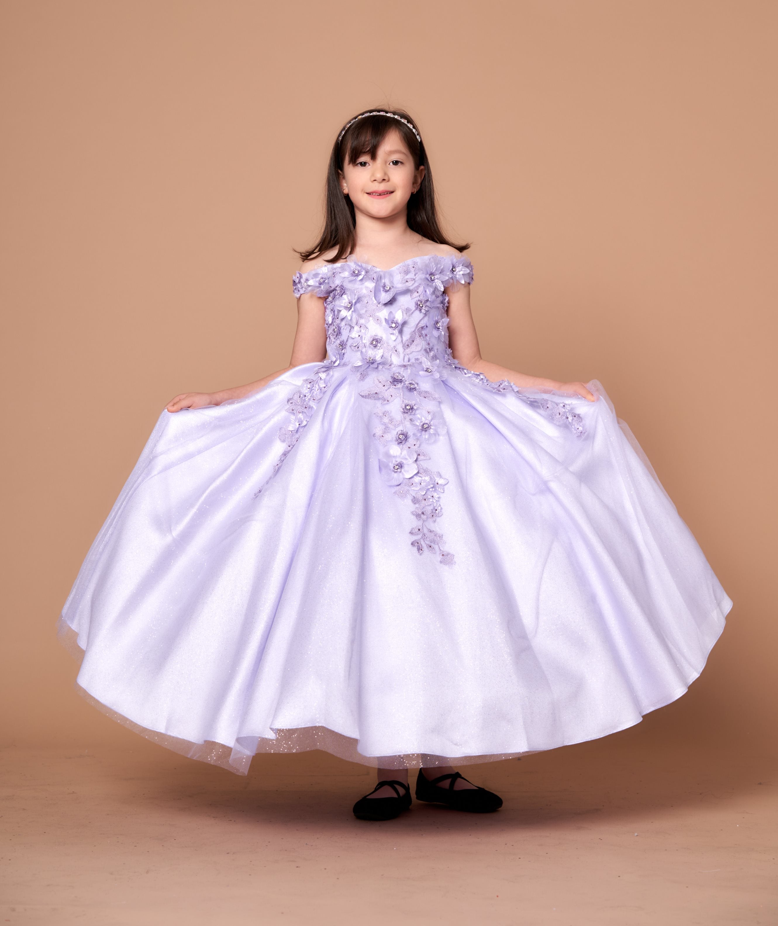 Girls 3D Floral Off-Shoulder Gown by Calla WB101