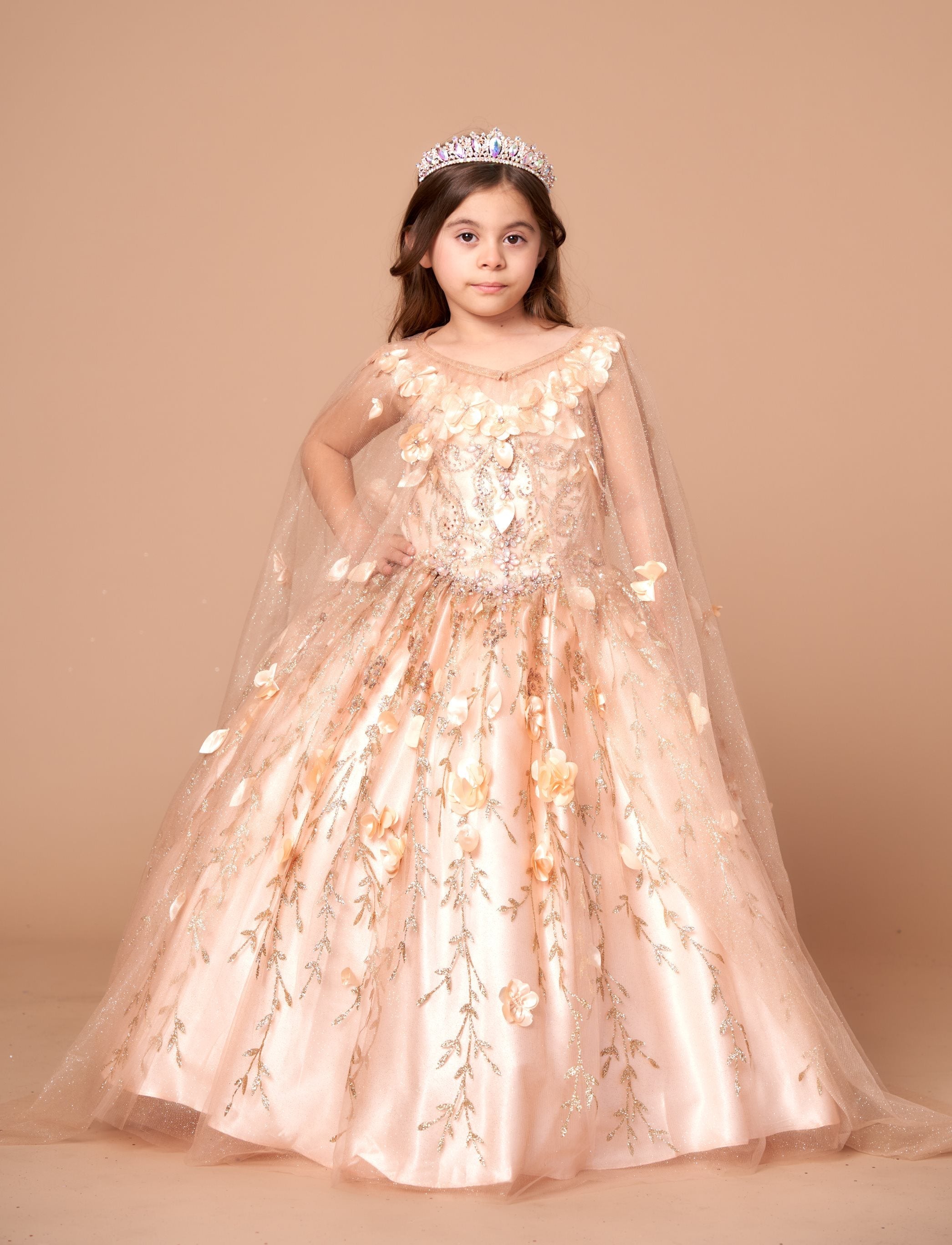 Girls 3D Floral Sleeveless Cape Gown by Calla SCK301